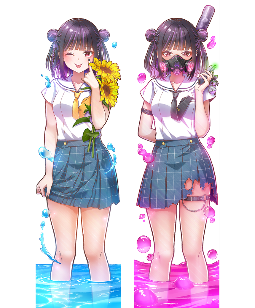 1girl, ;p, akanbe, arm_behind_back, arm_belt, baseball_bat, black_hair, black_necktie