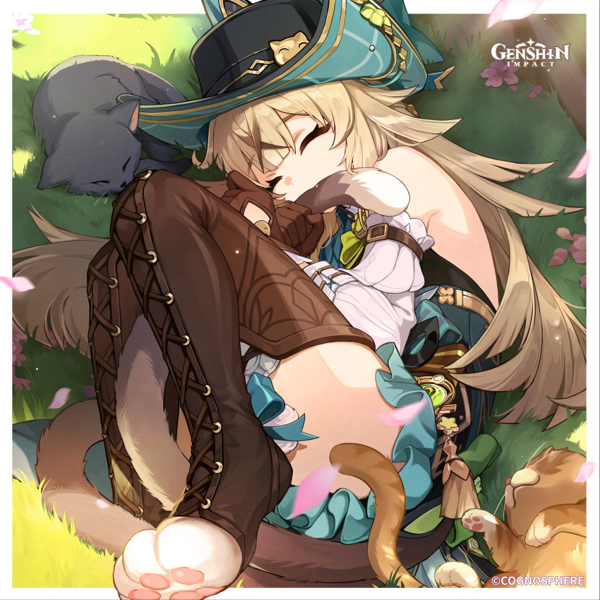 1girl, absurdres, artist_request, bare_shoulders, black_hat, blonde_hair, border, brown_gloves