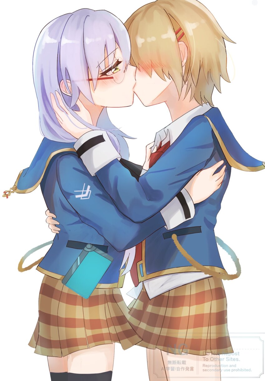 2girls, aoi11_luyu, black_thighhighs, blonde_hair, blue_jacket, french_kiss, glasses, green_eyes, grey_hair, hair_ornament, hair_over_one_eye, hair_over_shoulder, hairclip, heaven_burns_red, highres, izumi_yuki, jacket, kayamori_ruka, kiss, long_hair, long_sleeves, low-tied_long_hair, multiple_girls, necktie, one_eye_covered, red_necktie, round_eyewear, shirt, short_hair, thighhighs, white_shirt, yuri