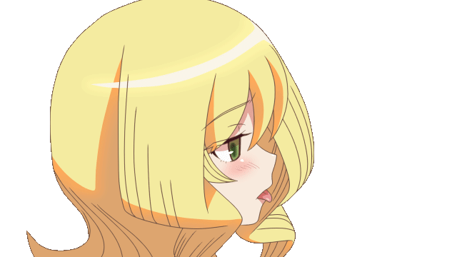 1girl, animated, animated_gif, bare_shoulders, blonde_hair, blush, eyes_visible_through_hair, from_side