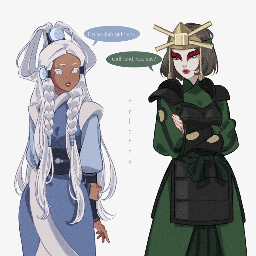 2girls, armor, artist_name, avatar:_the_last_airbender, avatar_legends, black_hair, blue_eyes, braid