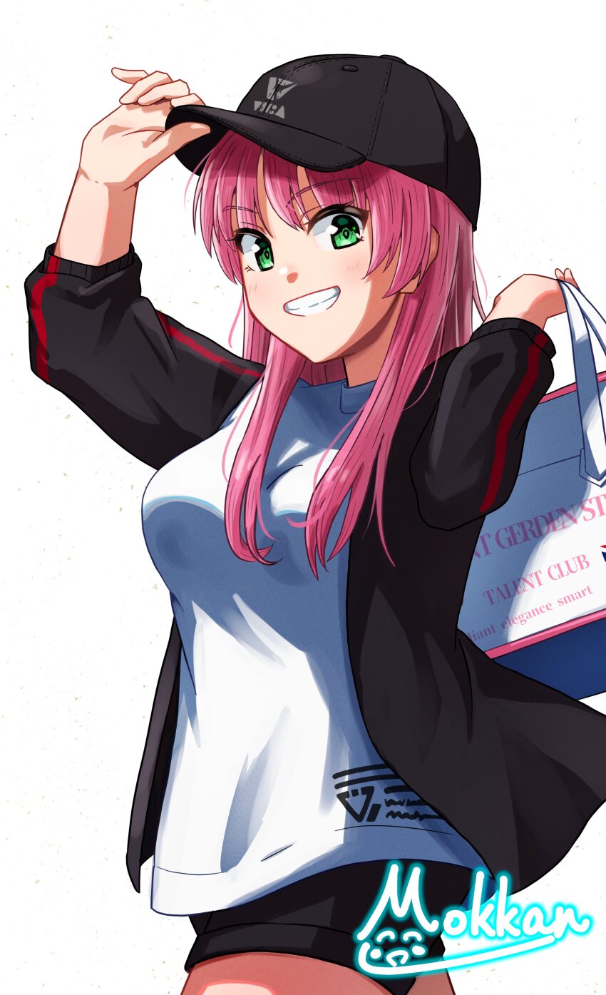 1girl, absurdres, aikawa_megumi, aikawa_megumi_(casual), bag, baseball_cap, black_jacket, black_shorts
