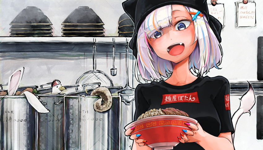 1girl, :d, alternate_costume, asymmetrical_bangs, black_headscarf, black_skirt, blue_nails, bowl