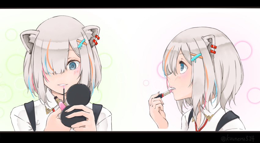 1girl, animal_ear_piercing, animal_ears, applying_lipgloss, applying_lipstick, applying_makeup, asymmetrical_bangs, black_vest