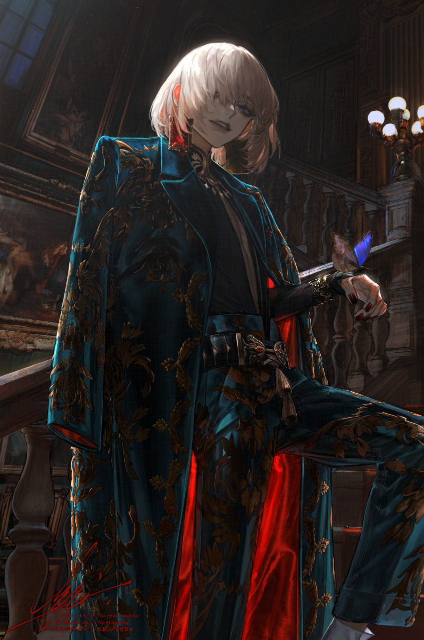 alternate_costume, au_(d_elete), belt, blonde_hair, bluesky_username, bug, butterfly, earrings