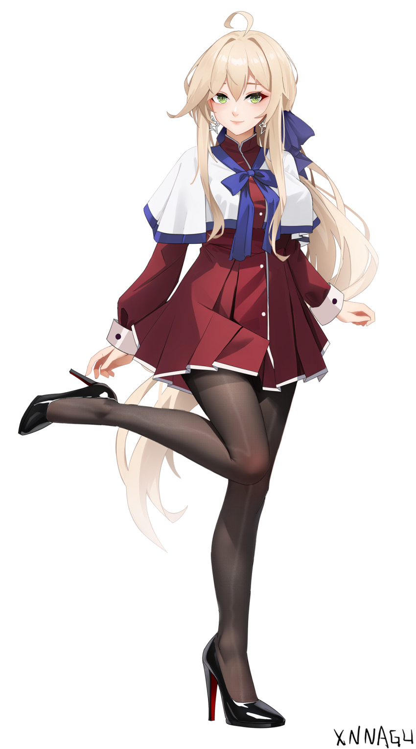 1girl, ahoge, black_pantyhose, black_shoes, blonde_hair, blue_bow, bow, breasts, capelet, chinese_commentary, commentary_request, cosplay, dress, earrings, green_eyes, hair_bow, high_heels, highres, jewelry, kanon, kawasumi_mai, kawasumi_mai_(cosplay), large_breasts, long_hair, long_sleeves, looking_at_viewer, low_ponytail, missouri_(warship_girls_r), pantyhose, patent_heels, ponytail, pumps, red_dress, red_soles, school_uniform, shoes, short_dress, smile, solo, star_(symbol), star_earrings, very_long_hair, warship_girls_r, white_capelet, xnnagu