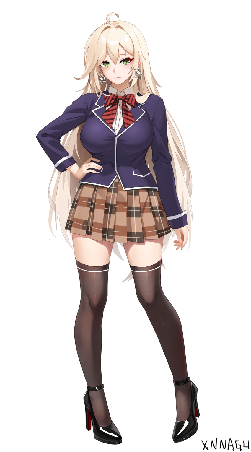 1girl, :p, ahoge, black_shoes, black_thighhighs, blazer, blonde_hair, blue_jacket, bow, bowtie, breasts, brown_skirt, chinese_commentary, commentary_request, cosplay, earrings, green_eyes, high_heels, highres, jacket, jewelry, large_breasts, long_hair, long_sleeves, looking_at_viewer, miniskirt, missouri_(warship_girls_r), nakiri_erina, nakiri_erina_(cosplay), patent_heels, plaid_clothes, plaid_skirt, pumps, red_soles, school_uniform, shoes, shokugeki_no_souma, skirt, smile, solo, star_(symbol), star_earrings, striped_bow, striped_bowtie, striped_clothes, thighhighs, tongue, tongue_out, tootsuki_saryou_ryouri_gakuen_uniform, very_long_hair, warship_girls_r, xnnagu, zettai_ryouiki