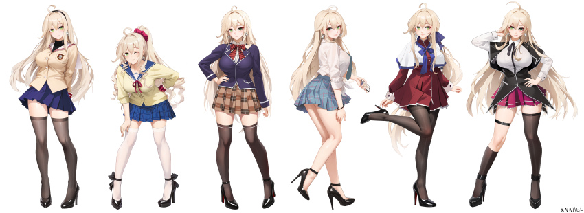 1girl, absurdres, ahoge, aiba_asagi, aiba_asagi_(cosplay), aqua_necktie, aqua_skirt, ass, black_bow, black_bowtie, black_footwear, black_hairband, black_pantyhose, black_socks, black_thighhighs, blazer, blonde_hair, blue_bow, blue_jacket, blue_sailor_collar, blue_skirt, bow, bowtie, breasts, brown_skirt, capelet, cellphone, clannad, collared_shirt, commentary_request, cosplay, dress, earrings, emblem, frilled_skirt, frills, green_eyes, hair_bow, hair_ornament, hair_scrunchie, hairband, hairclip, high_heels, high_school_dxd, highres, hikarizaka_private_high_school_uniform, holding, holding_phone, jacket, jewelry, kanon, kawasumi_mai, kawasumi_mai_(cosplay), kitagawa_marin, kitagawa_marin_(cosplay), large_breasts, leaning_forward, long_hair, long_sleeves, looking_at_viewer, low_ponytail, miniskirt, missouri_(warship_girls_r), nakiri_erina, nakiri_erina_(cosplay), neck_ribbon, necktie, one_eye_closed, pantyhose, patent_heels, phone, pink_skirt, plaid_clothes, plaid_skirt, pleated_skirt, ponytail, pumps, red_dress, red_ribbon, red_scrunchie, rias_gremory, rias_gremory_(cosplay), ribbon, sailor_collar, sakagami_tomoyo, sakagami_tomoyo_(cosplay), school_uniform, scrunchie, shirt, shoes, shokugeki_no_souma, short_dress, single_sock, single_thighhigh, skirt, smartphone, smile, socks, sono_bisque_doll_wa_koi_wo_suru, star_(symbol), star_earrings, stiletto_heels, strike_the_blood, striped_bow, striped_bowtie, striped_clothes, thigh_strap, thighhighs, tongue, tongue_out, tootsuki_saryou_ryouri_gakuen_uniform, very_long_hair, warship_girls_r, white_capelet, white_shirt, wrist_scrunchie, xnnagu, zettai_ryouiki