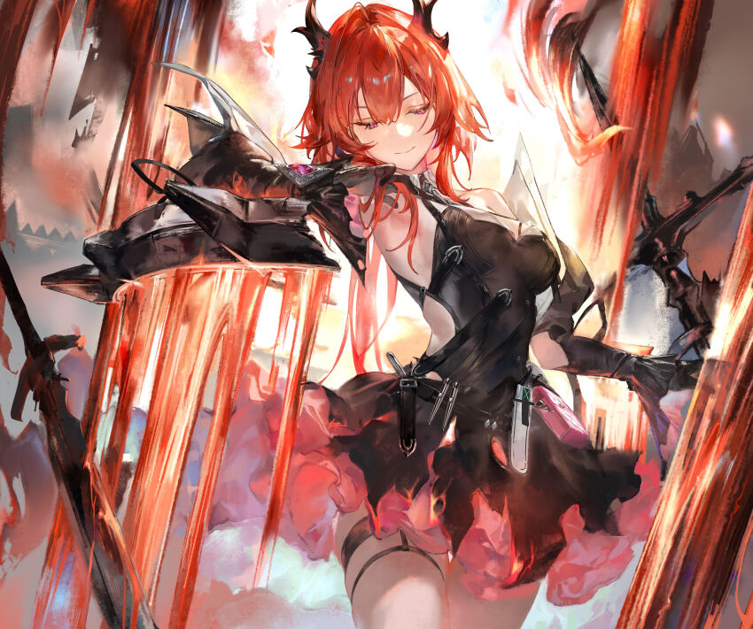 1girl, absurdres, arknights, arknights:_endfield, bare_shoulders, black_dress, black_gloves, black_horns
