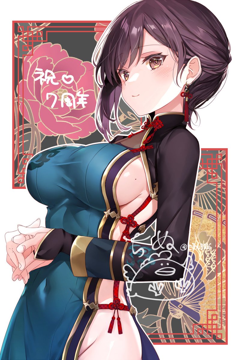 1girl, alice_gear_aegis, black_hair, blush, breasts, brown_eyes, chinese_clothes, cinu
