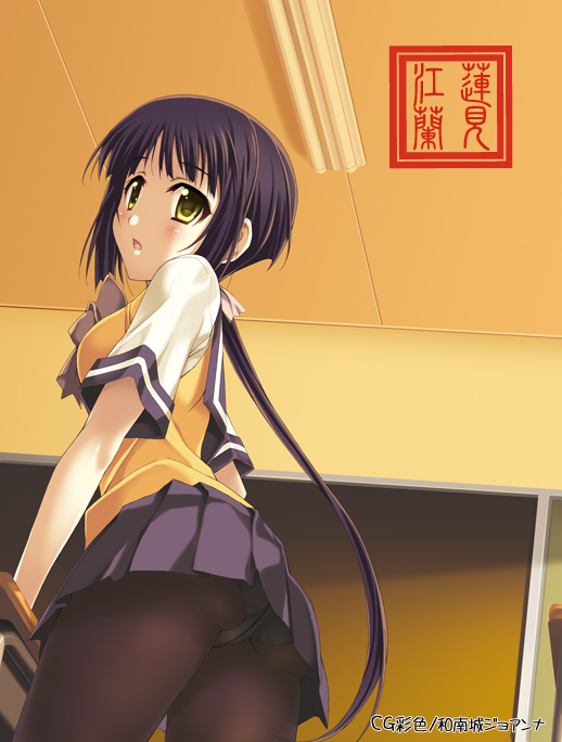 1girl, black_hair, black_pantyhose, chestnut_mouth, classroom, crotch_seam, desk, female_focus