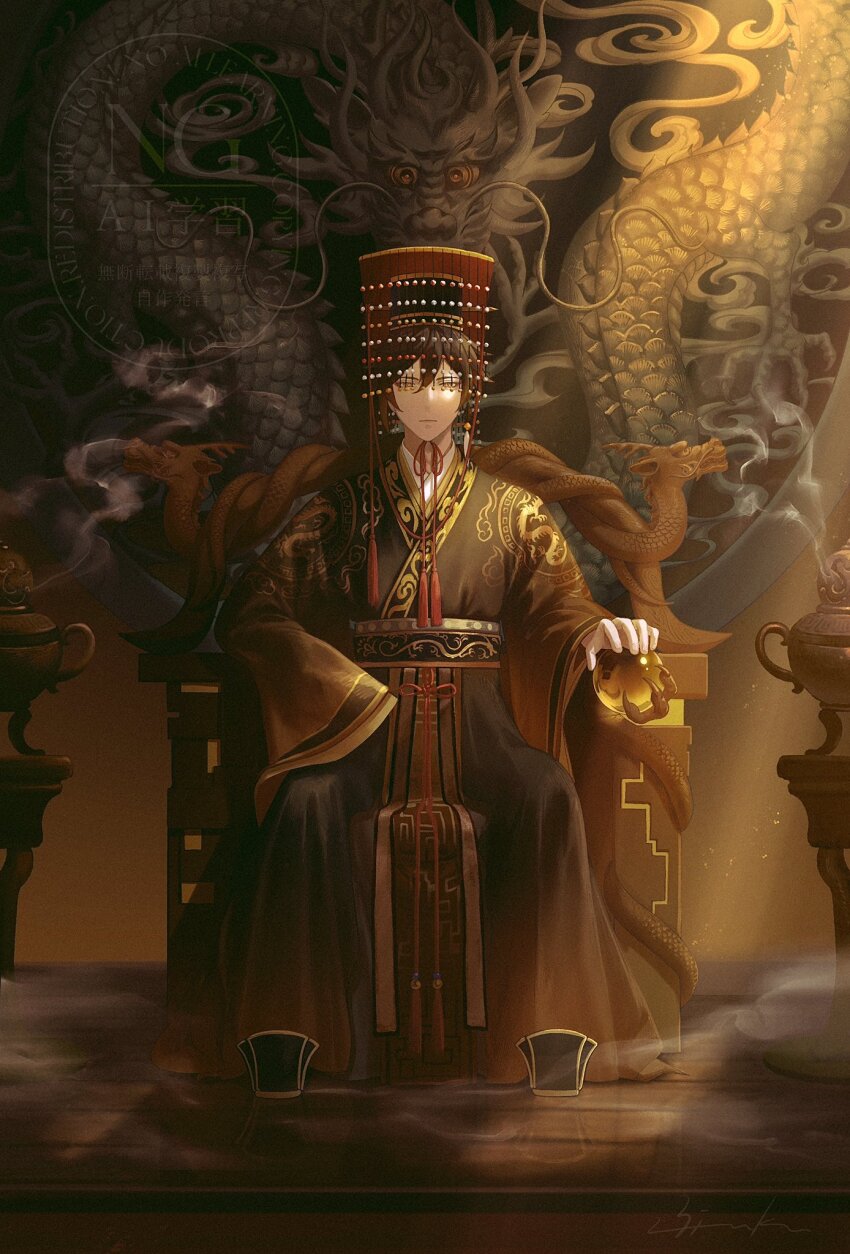 1boy, alternate_costume, arm_rest, black_footwear, black_sash, brown_hair, brown_hanfu, brown_robe