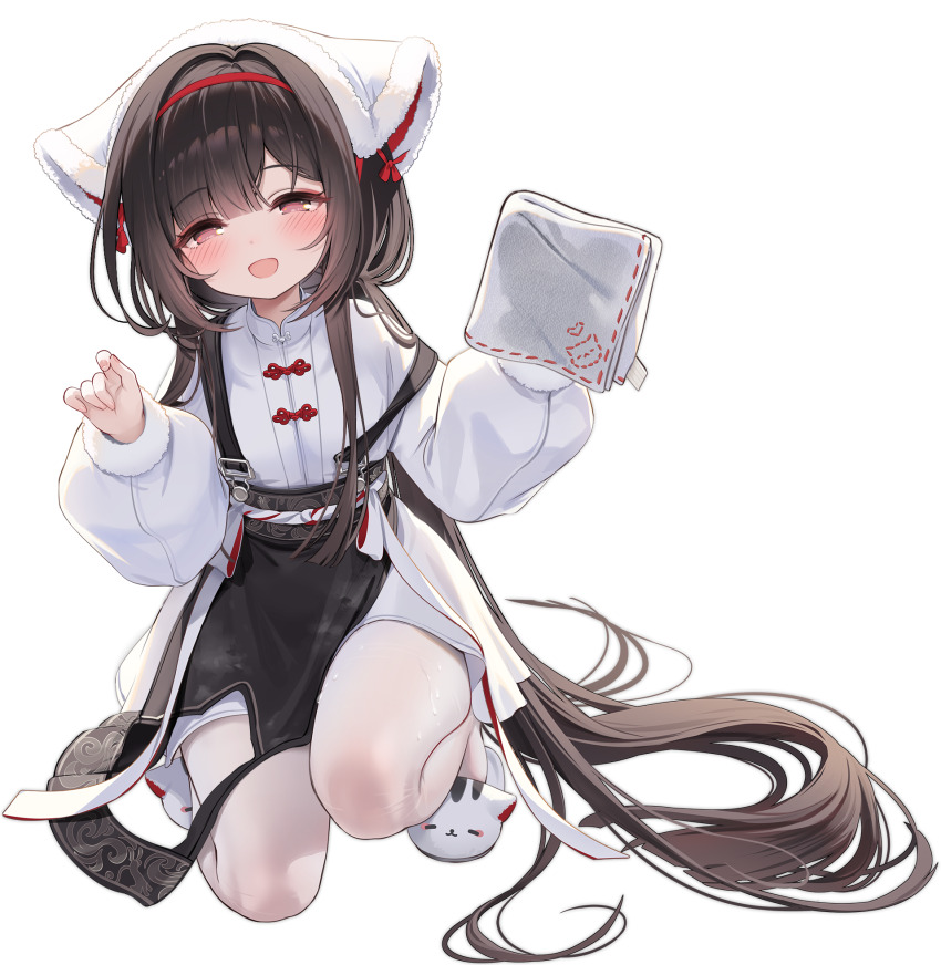 1girl, azur_lane, black_hair, breasts, chang_feng_(azur_lane), chang_feng_(cozy_spring_cleaning)_(azur_lane), commentary_request, full_body, hair_between_eyes, hair_ornament, highres, kneeling, long_hair, looking_at_viewer, low_twintails, official_alternate_costume, official_art, open_mouth, pantyhose, red_eyes, small_breasts, solo, transparent_background, twintails