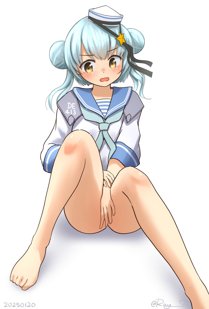 1girl, aqua_neckerchief, barefoot, blue_hair, blue_sailor_collar, brown_eyes, covering_crotch, covering_privates