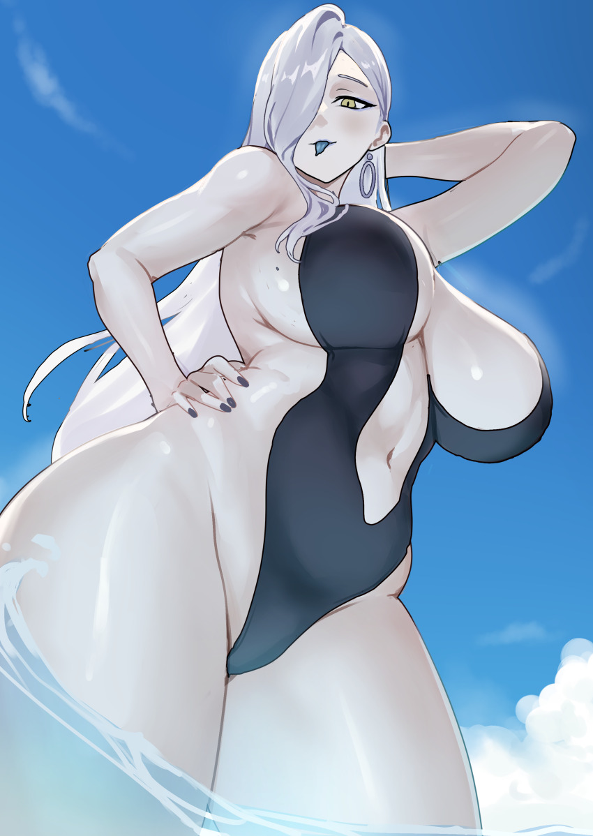 1girl, absurdres, arm_up, blue_tongue, breasts, clothing_cutout, colored_tongue, curvy, earrings, fate/grand_order, fate_(series), from_below, groin, hair_over_one_eye, highres, hoop_earrings, huge_breasts, impossible_clothes, jewelry, leotard, long_hair, mature_female, hebi_nyoubou_(fate), navel, navel_cutout, one-piece_swimsuit, partially_submerged, sideboob, solo, swimsuit, thick_thighs, thighs, vixsi_art, water, white_hair