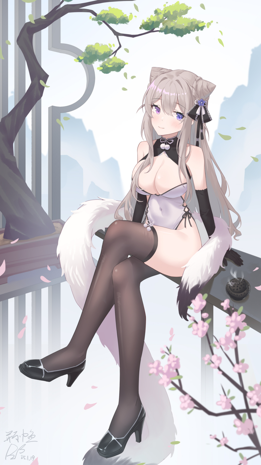 1girl, absurdres, azur_lane, bare_shoulders, black_footwear, black_gloves, black_thighhighs, blue_eyes