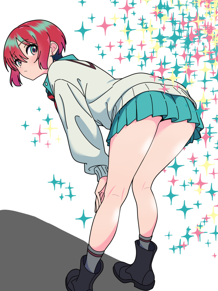 1girl, absurdres, amate_yuzuriha, aqua_eyes, aqua_skirt, ass, bent_over, blush