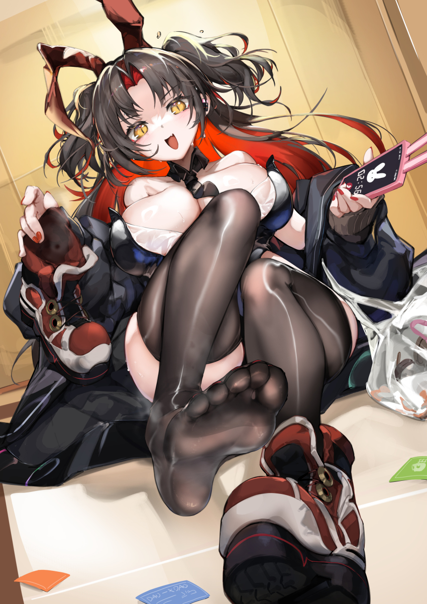 1girl, :d, absurdres, animal_ears, azur_lane, bare_shoulders, black_hair, black_jacket