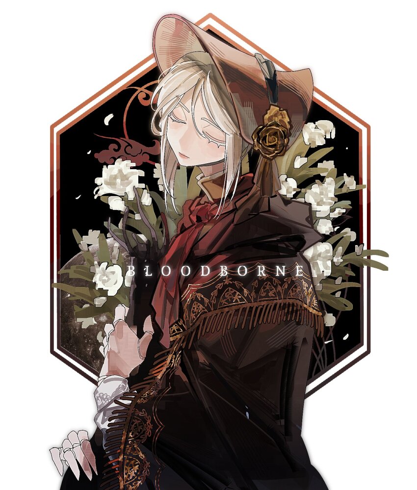 1girl, ascot, bloodborne, bonnet, brown_bonnet, brown_cloak, cloak, closed_eyes