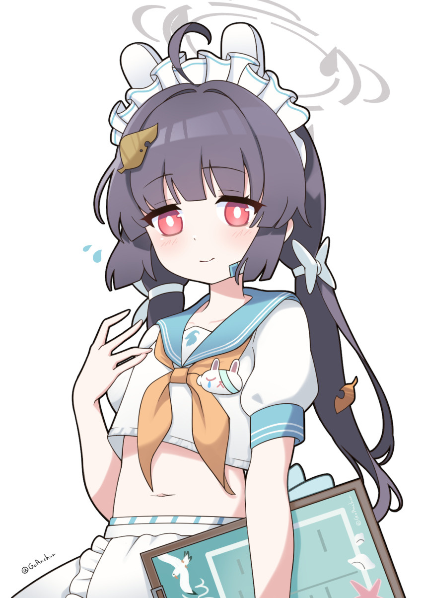 1girl, ahoge, alternate_costume, animal_ears, apron, bags_under_eyes, blue_archive, blue_sailor_collar