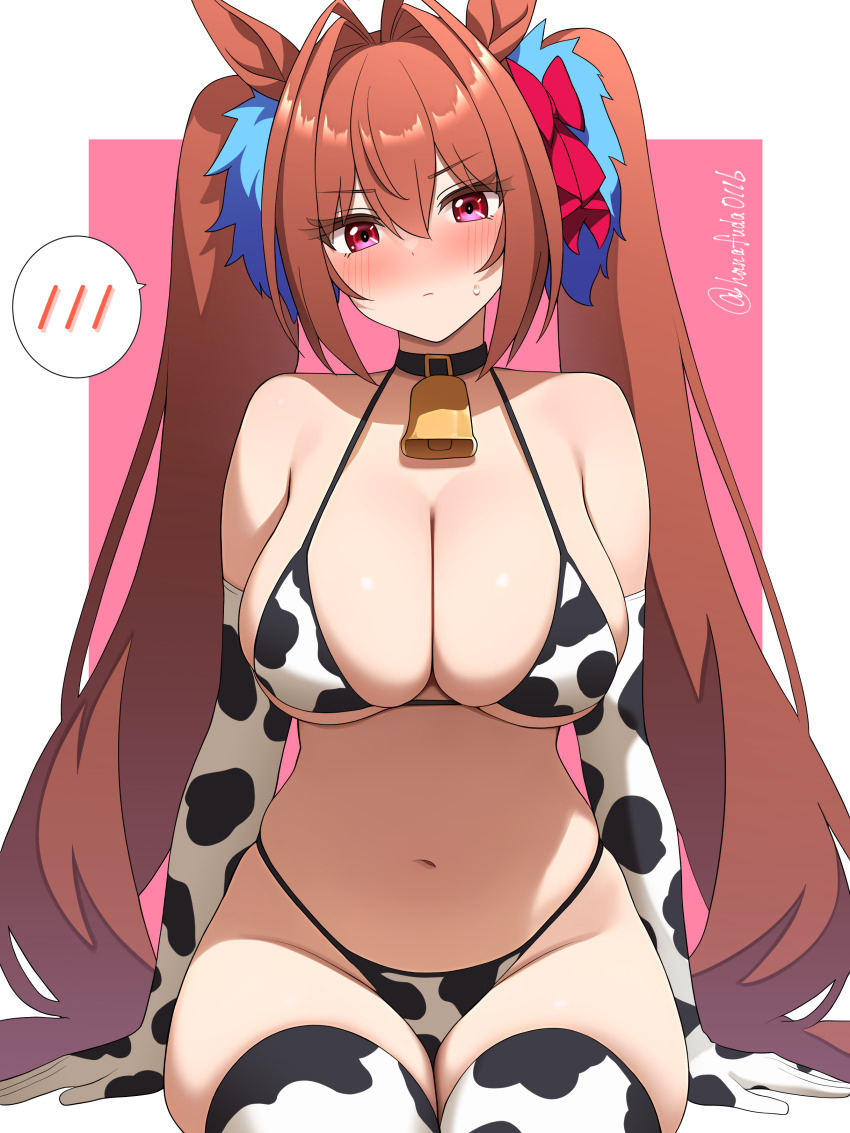 1girl, absurdres, animal_print, bikini, breasts, commentary_request, cow_print, cow_print_bikini