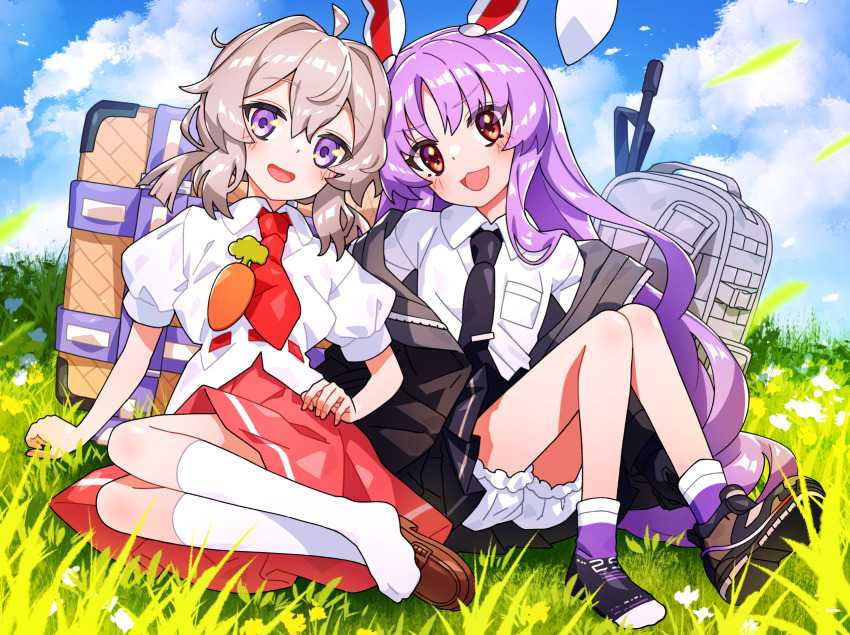 2girls, backpack, bag, brown_hair, buruma, carrot, commission, cosplay