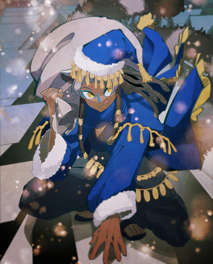 1boy, animal_ears, blue_coat, blue_hat, coat, dark-skinned_male, dark_skin, dreadlocks