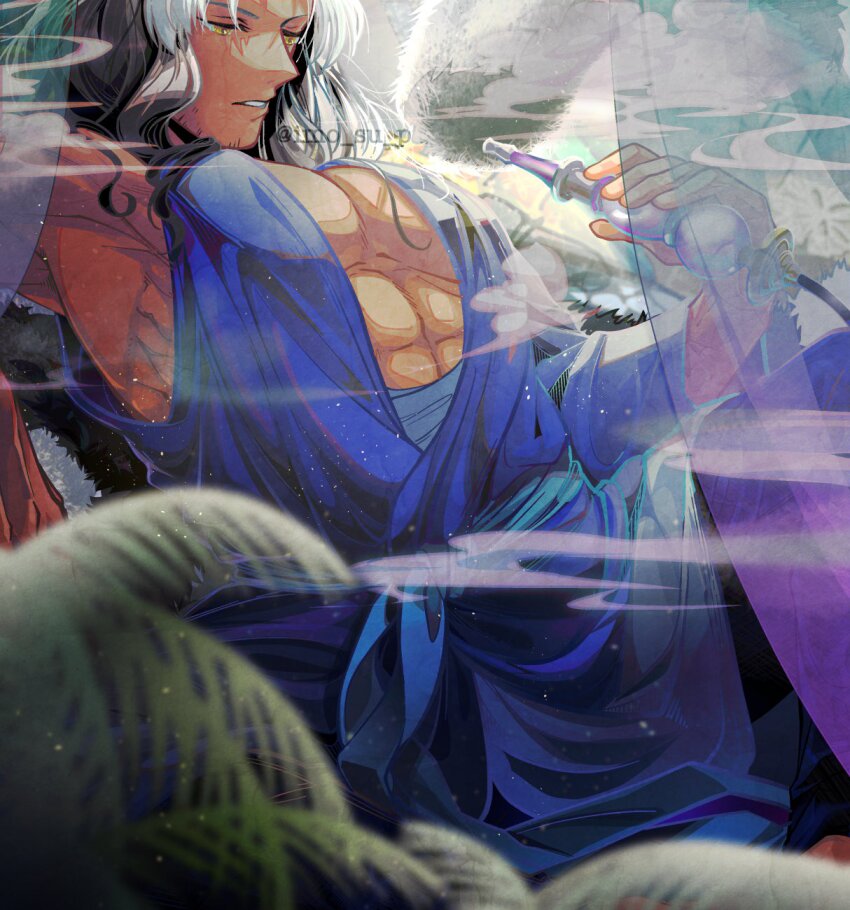 1boy, abs, black_hair, blurry, blurry_foreground, facial_hair, highres, hookah