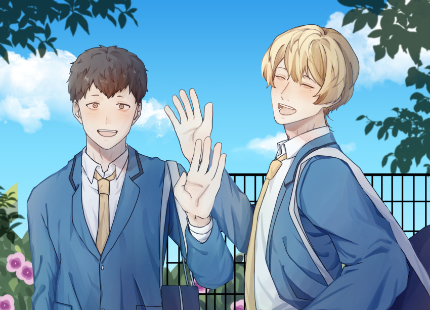 :d, bag, blonde_hair, blue_jacket, boukyaku_battery, brown_eyes, brown_hair, closed_eyes, cloud, day, facing_viewer, fence, flower, hand_up, highres, jacket, kaname_kei, looking_at_viewer, male_focus, necktie, open_mouth, school_bag, school_uniform, seasakura, shirt, short_hair, smile, white_shirt, yamada_tarou_(boukyaku_battery), yellow_necktie