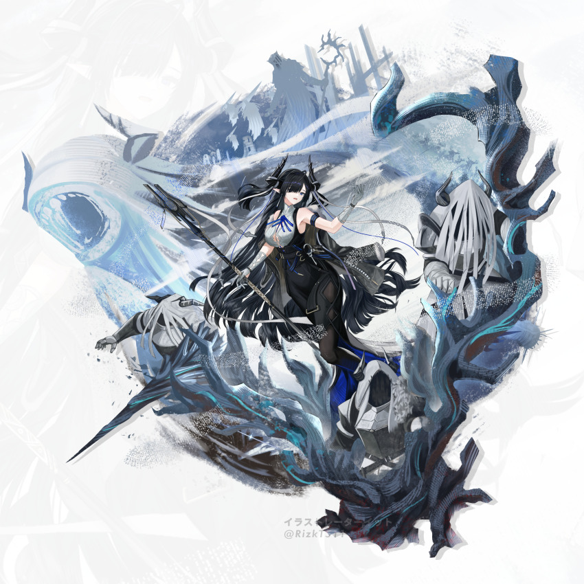 1girl, absurdres, arknights, armlet, black_dress, black_hair, blue_eyes, breasts