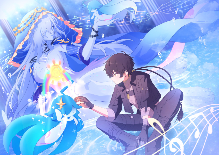 1boy, 1girl, bandaged_arm, bandages, black_gloves, black_hair, black_jacket, black_pants