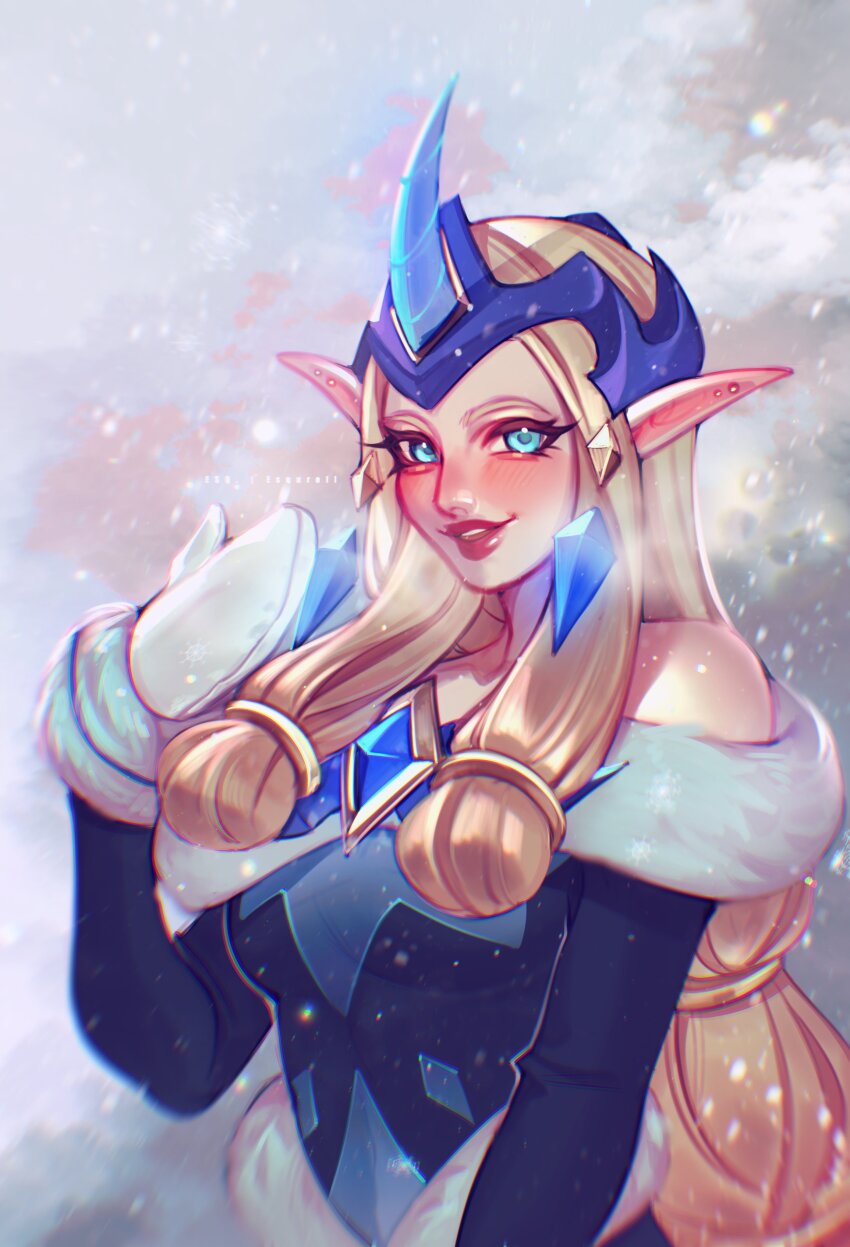 1girl, absurdres, bare_shoulders, blonde_hair, blue_eyes, breasts, dress, earrings