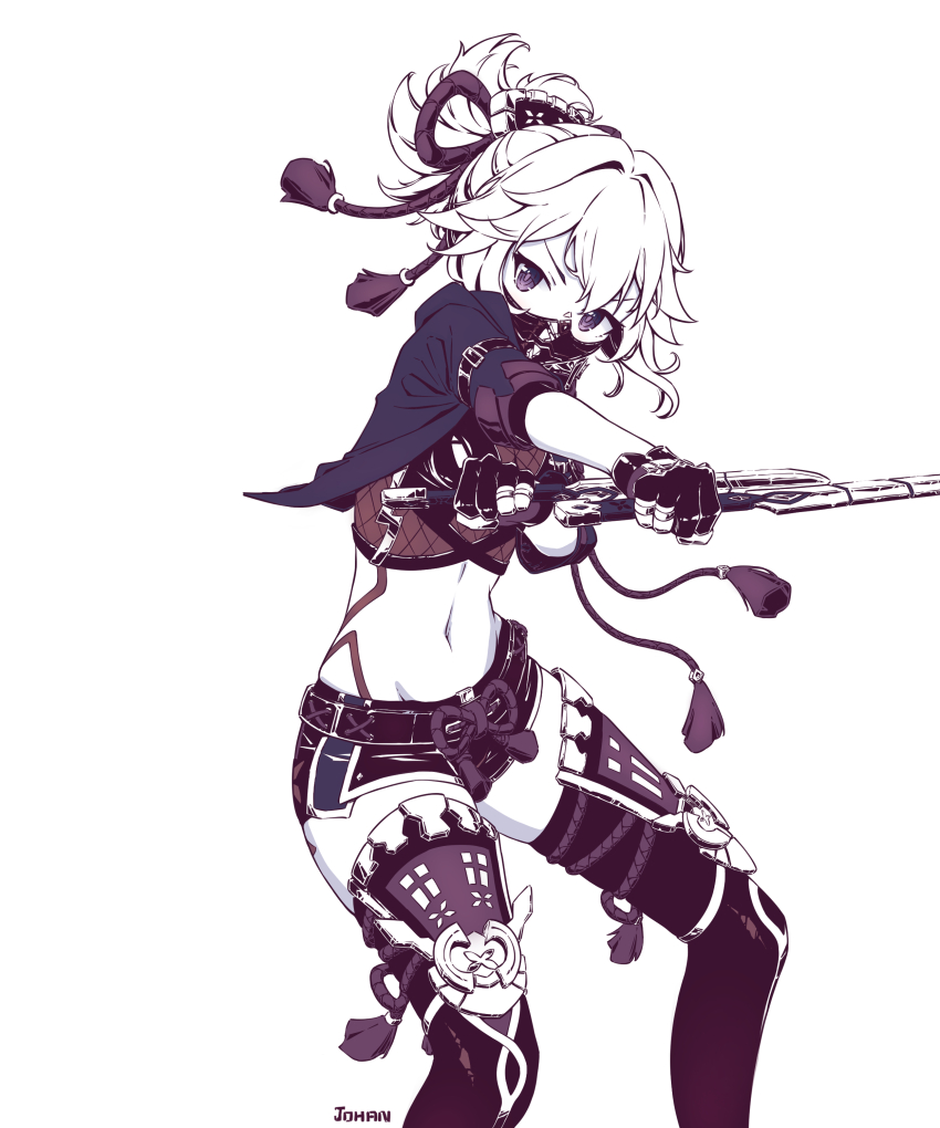 1girl, absurdres, artist_name, commentary, crop_top, cropped_jacket, dagger, dual_wielding