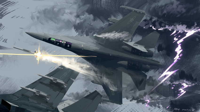 absurdres, aircraft, airplane, dated, fighter_jet, firing, highres, lightning