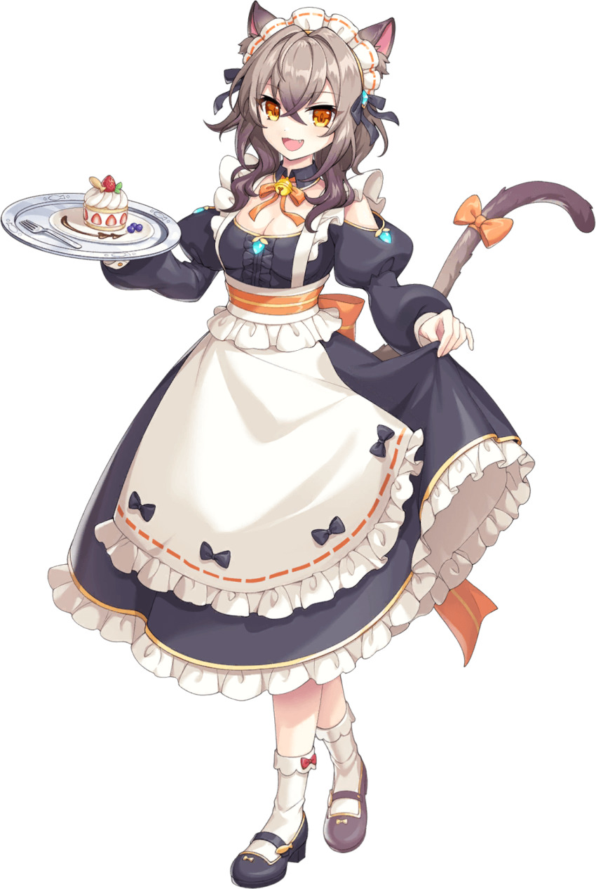 1girl, animal_ears, artist_request, bell, black_bow, black_footwear, blueberry, bow, breasts, brown_hair, cake, cat_ears, cat_tail, cleavage, fang, fish_(symbol), food, fork, fruit, full_body, game_cg, hair_bow, highres, holding, holding_tray, jingle_bell, kyasu, legend_clover, maid, maid_headdress, multiple_hair_bows, official_art, orange_eyes, red_bow, strawberry_shortcake, tail, tail_bow, tail_ornament, third-party_source, transparent_background, tray