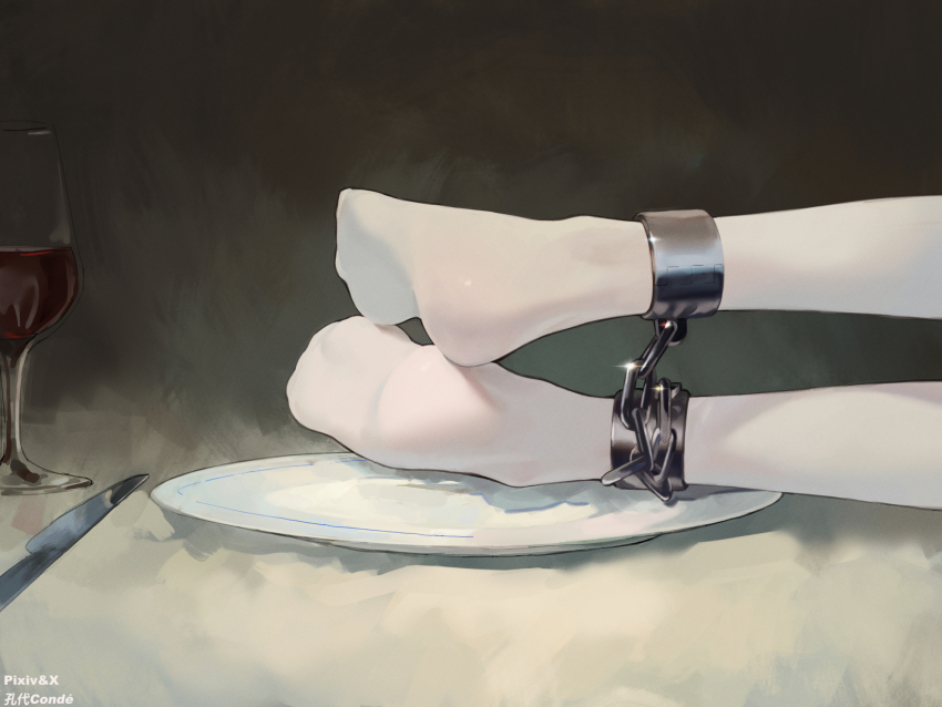 240mmap, bound_ankles, commentary_request, cuffs, cup, drinking_glass, feet, foot_focus