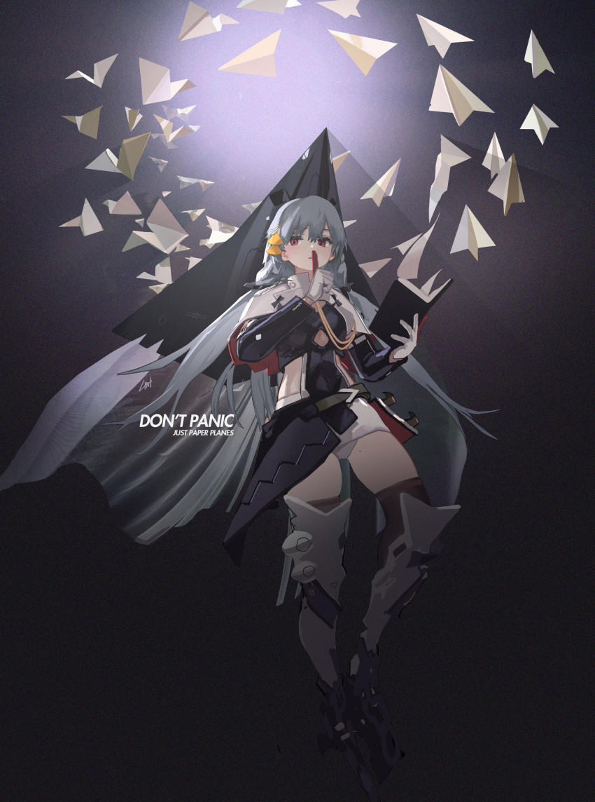 1girl, absurdres, aiguillette, backlighting, book, chengdu_j-36, english_text, finger_to_mouth