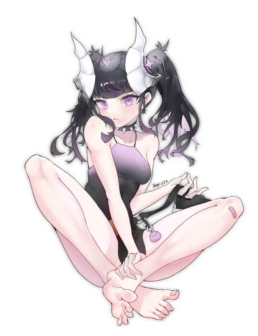 1girl, absurdres, bandaid, bandaid_on_knee, bandaid_on_leg, barefoot, black_hair, dkeys