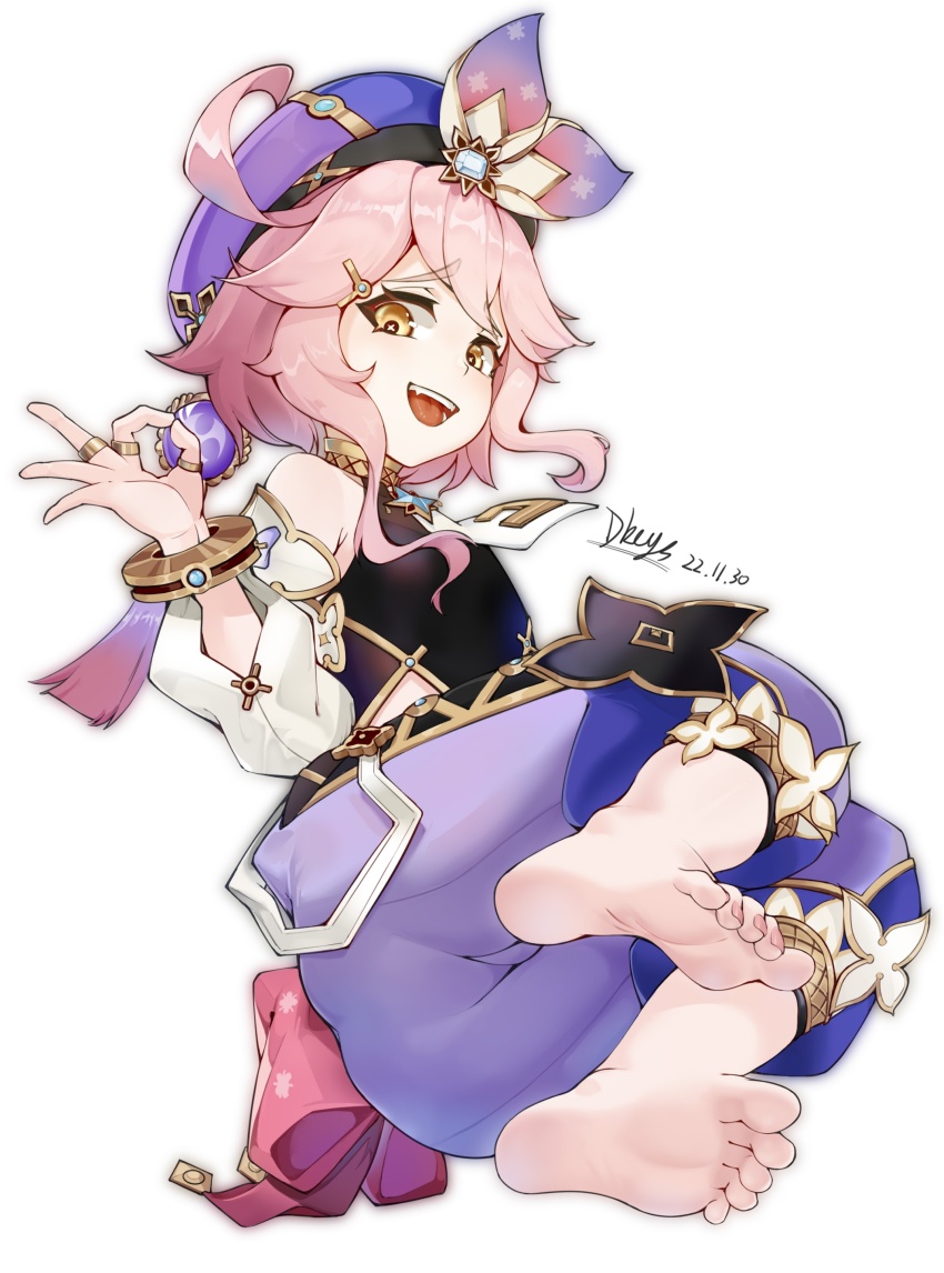 1girl, absurdres, barefoot, dkeys, dori_(genshin_impact), feet, genshin_impact, highres, looking_at_viewer, medium_hair, money_gesture, open_mouth, pink_hair, soles, toes, yellow_eyes