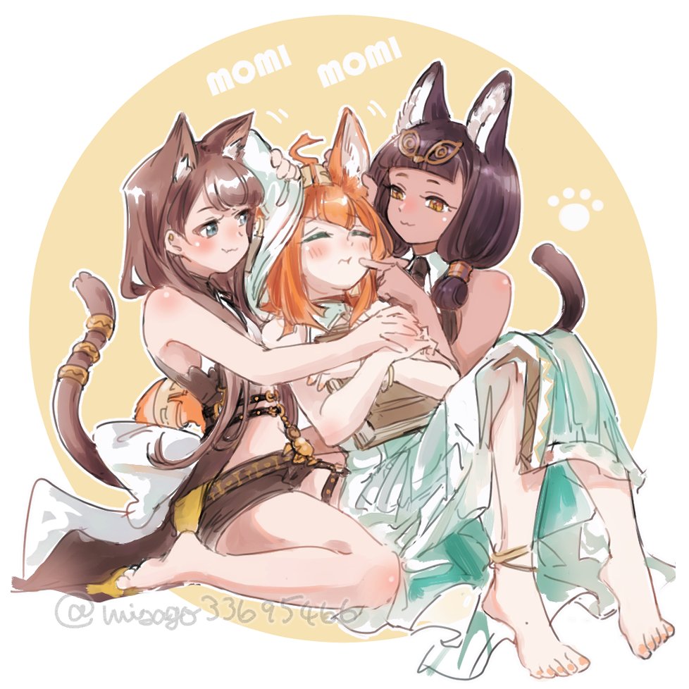 3girls, animal_ears, arknights, bare_shoulders, barefoot, black_hair, blush, book, breasts, brown_hair, brown_shorts, cat_ears, cat_girl, cat_tail, cheek_poking, closed_eyes, commentary_request, dress, extra_ears, green_dress, grey_eyes, hair_tubes, knees_up, long_hair, low-tied_sidelocks, titi_(arknights), misago33695466, multiple_girls, orange_eyes, orange_hair, papyrus_(arknights), pepe_(arknights), poking, short_shorts, shorts, sidelocks, sitting, sleeveless, sleeveless_dress, small_breasts, tail, toes, yuri