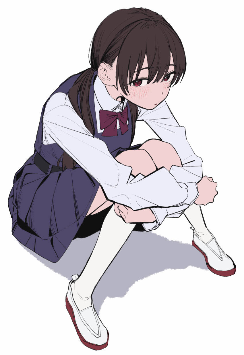 1girl, belt, black_belt, blue_dress, bow, bowtie, brown_hair, collared_shirt, commentary_request, dress, from_above, highres, hugging_own_legs, kneehighs, knees_up, kunikida_tomoe_(momokumo), light_blush, long_sleeves, looking_at_viewer, low_twintails, momokumo, original, parted_lips, pinafore_dress, purple_bow, purple_bowtie, red_eyes, shirt, shoes, simple_background, sitting, sleeveless, sleeveless_dress, socks, solo, twintails, uwabaki, white_background, white_footwear, white_shirt, white_socks