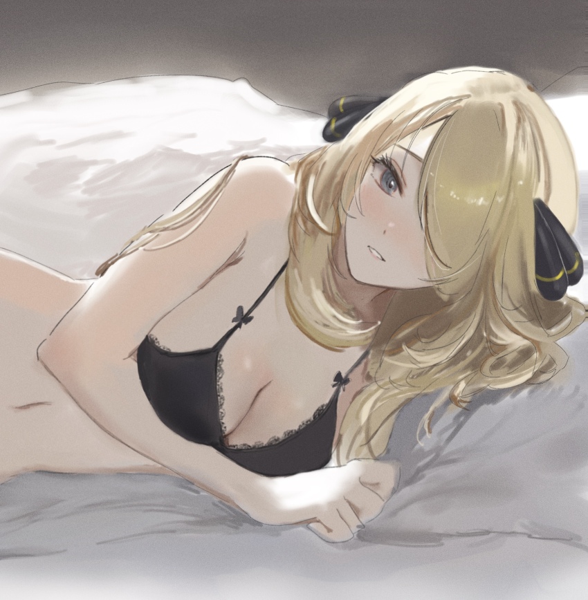 1girl, black_bra, blonde_hair, bra, breasts, cleavage, commentary_request, cynthia_(pokemon)