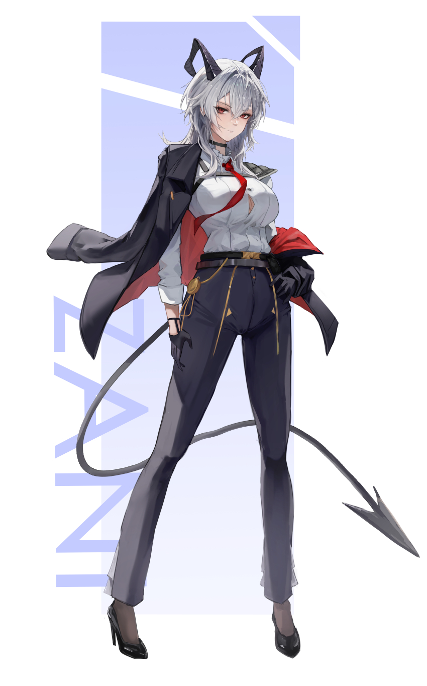 1girl, absurdres, black_choker, black_footwear, black_gloves, black_horns, black_jacket, black_pants, black_tail, breasts, button_gap, chest_harness, chinese_commentary, choker, closed_mouth, collared_shirt, commentary_request, curled_horns, demon_tail, full_body, gloves, hair_between_eyes, harness, high-waist_pants, high_heels, highres, horns, jacket, jacket_on_shoulders, large_breasts, looking_at_viewer, medium_hair, necktie, pants, red_eyes, red_necktie, shirt, shuiqimu, solo, tail, tight_clothes, tight_pants, white_hair, white_shirt, wuthering_waves, zani_(wuthering_waves)