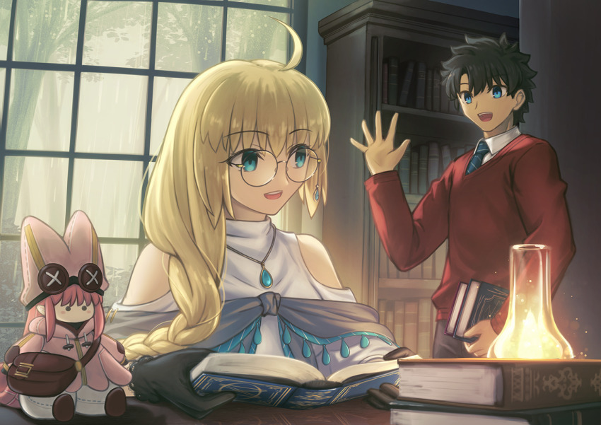 1boy, 1girl, aesc_(fate), aesc_(rain_witch)_(fate), aesc_(satellite_station_24-25)_(fate), alternate_universe, are_you_my_master, armor, armored_dress, bar_censor, blush, breasts, cape, capelet, censored, character_doll, command_spell, commission, crossover, doll, dress, fate/grand_order, fate_(series), fujimaru_ritsuka_(male), gauntlets, hetero, homurabara_academy_school_uniform, igote, large_breasts, long_hair, looking_at_another, looking_at_viewer, morgan_le_fay_(fate), mosaic_censoring, multicolored_cape, multicolored_capelet, multicolored_clothes, object_head, pixiv_commission, prydwen_(fate), scene_reference, school_uniform, shoori_(migiha), voice_actor_connection