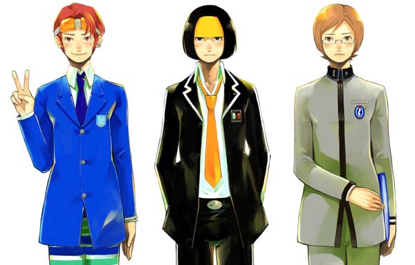 3boys, akira_(shin_megami_tensei), arm_at_side, atlus, badge, black_eyes, black_hair, black_jacket