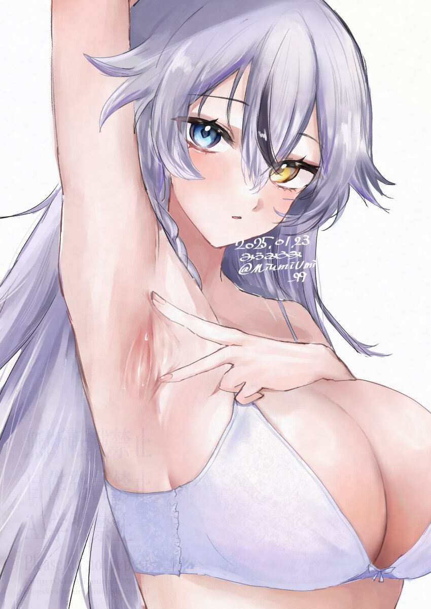 1girl, 2025, absurdres, arm_up, armpit_crease, armpit_focus, armpits, blue_eyes, blush, bra, braid, breasts, cleavage, goddess_of_victory:_nikke, grey_hair, hair_between_eyes, heterochromia, highres, large_breasts, light_blush, long_hair, miumiumi_99, phantom_(nikke), presenting_armpit, solo, spread_armpit, sweat, twitter_username, underwear, upper_body, white_background, white_bra, yellow_eyes
