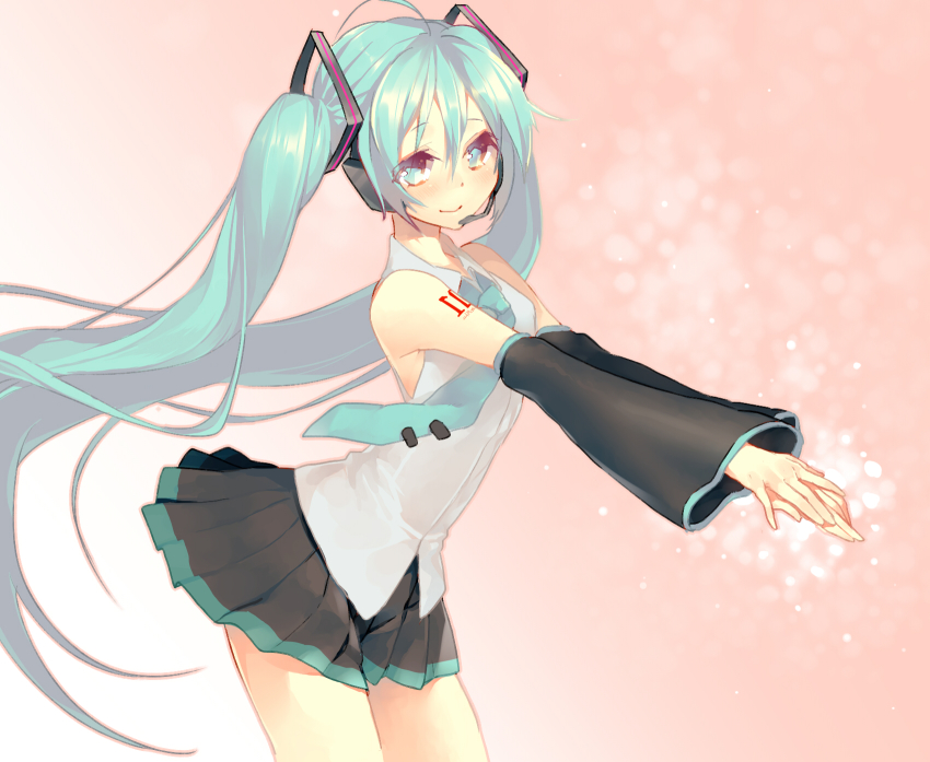 1girl, aobara, aqua_eyes, aqua_hair, female_focus, gradient_background, hatsune_miku, headset