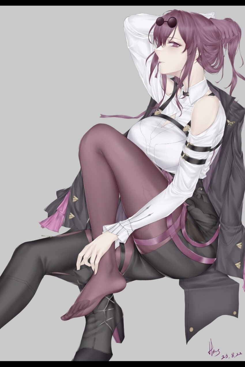 1girl, artist_name, black_boots, black_jacket, black_pantyhose, black_shorts, blush, boots