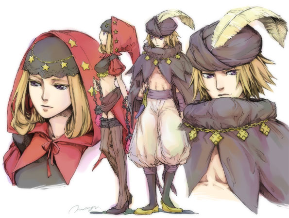 1boy, 1girl, blonde_hair, brother_and_sister, feathers, ingway_(odin_sphere), long_hair, odin_sphere, puff_and_slash_sleeves, puffy_sleeves, purple_eyes, short_hair, siblings, skirt, smile, striped_clothes, striped_thighhighs, takamizawa_maya, takamizawa_mayu, thighhighs, twins, vanillaware, velvet_(odin_sphere), vertical-striped_clothes, vertical-striped_thighhighs