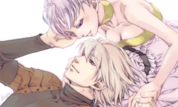 1boy, 1girl, blonde_hair, choker, couple, dress, gwendolyn_(odin_sphere), holding_hands